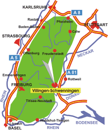 Karte: Lage von Villingen-Schwenningen im Schwarzwald