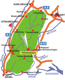 Karte: Lage von Vöhrenbach im Schwarzwald